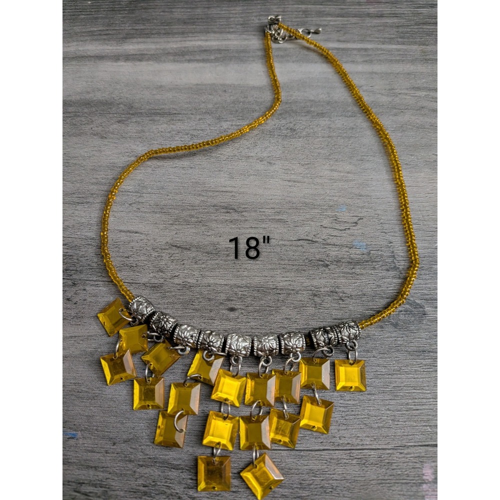 Amber Yellow Beaded Fringe Statement Necklace Silver Tone Boho 18 Inch